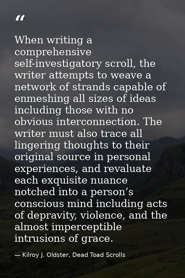 When writing a comprehensive self-investigatory scroll, the writer attempts to weave a network of strands capable of enm — Kilroy J. Oldster, Dead Toad Scrolls