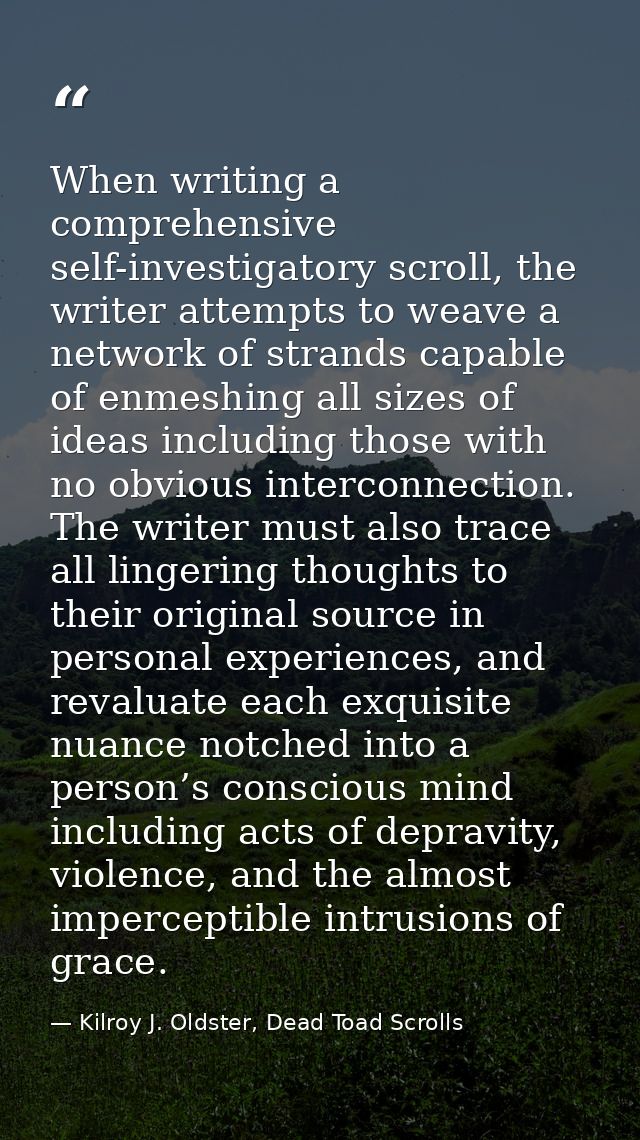 When writing a comprehensive self-investigatory scroll, the writer attempts to weave a network of strands capable of enm — Kilroy J. Oldster, Dead Toad Scrolls