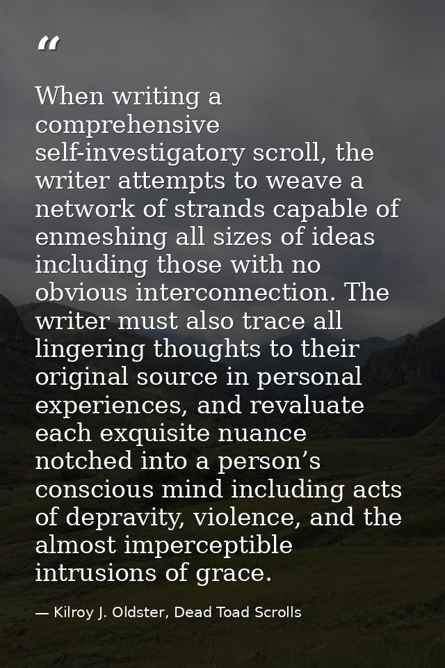 When writing a comprehensive self-investigatory scroll, the writer attempts to weave a network of strands capable of enm — Kilroy J. Oldster, Dead Toad Scrolls