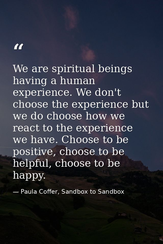 We are spiritual beings having a human experience. We don't choose the experience but we do choose how we react to the e — Paula Coffer, Sandbox to Sandbox