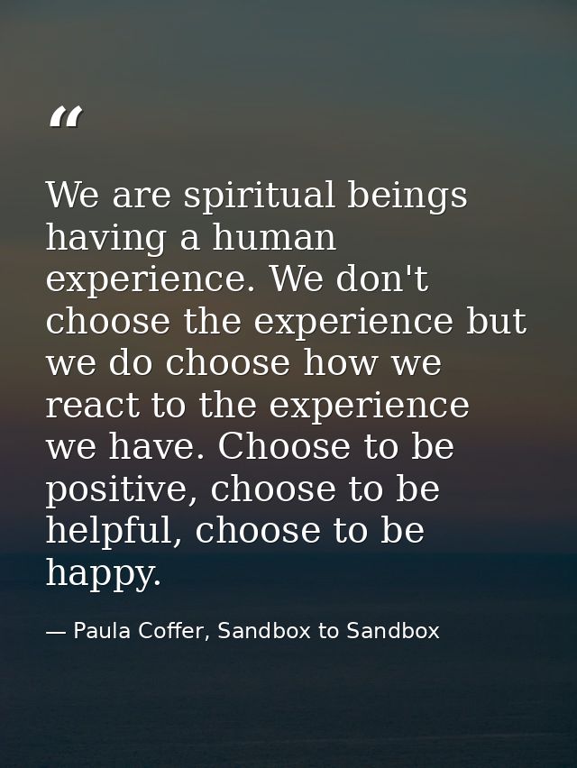 We are spiritual beings having a human experience. We don't choose the experience but we do choose how we react to the e — Paula Coffer, Sandbox to Sandbox