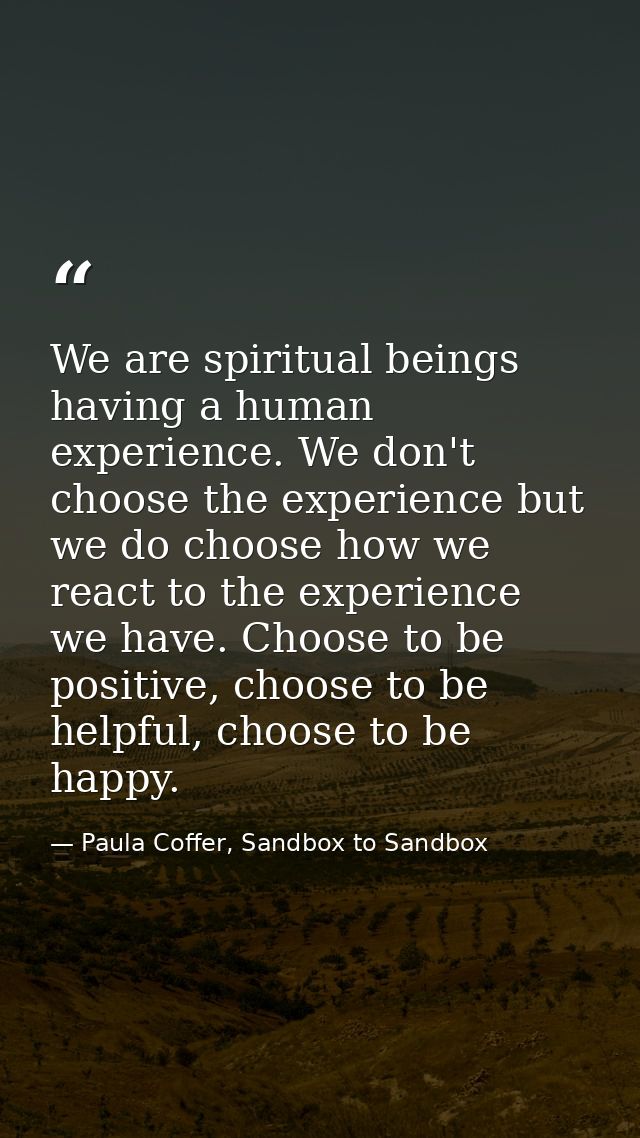 We are spiritual beings having a human experience. We don't choose the experience but we do choose how we react to the e — Paula Coffer, Sandbox to Sandbox