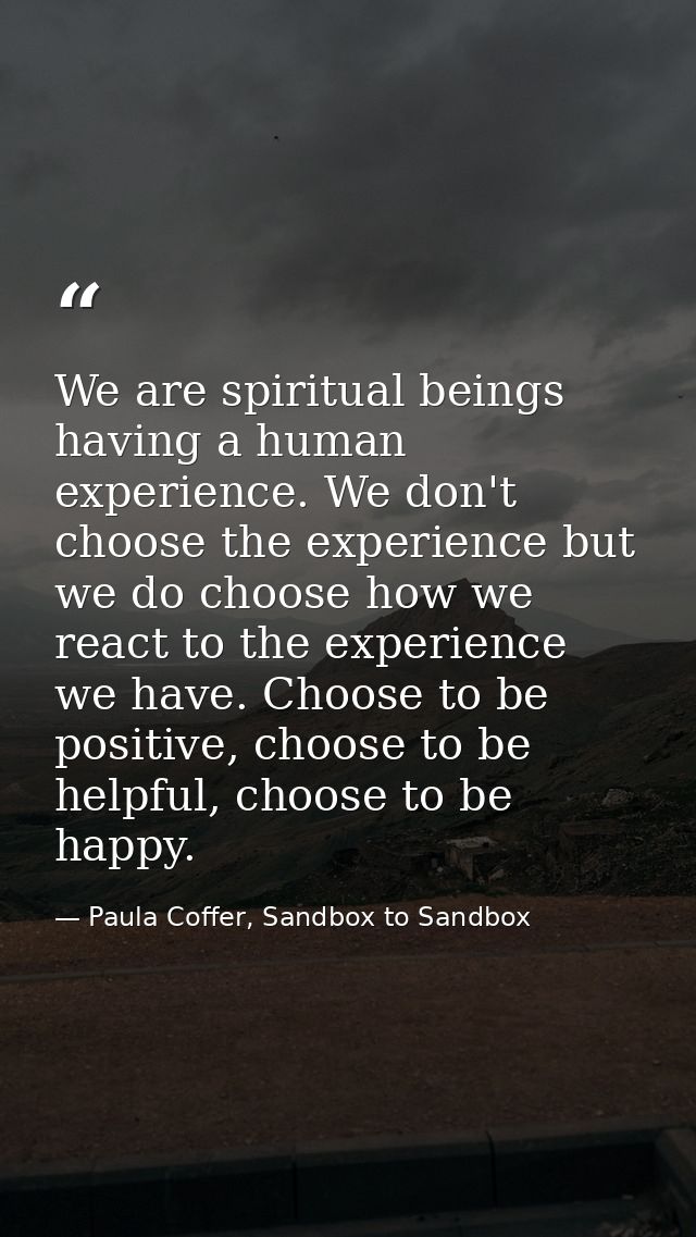 We are spiritual beings having a human experience. We don't choose the experience but we do choose how we react to the e — Paula Coffer, Sandbox to Sandbox