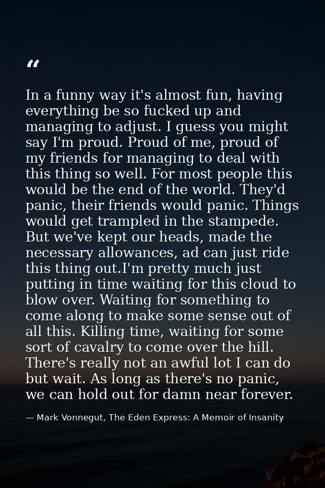 In a funny way it's almost fun, having everything be so fucked up and managing to adjust. I guess you might say I'm prou — Mark Vonnegut, The Eden Express: A Memoir of Insanity