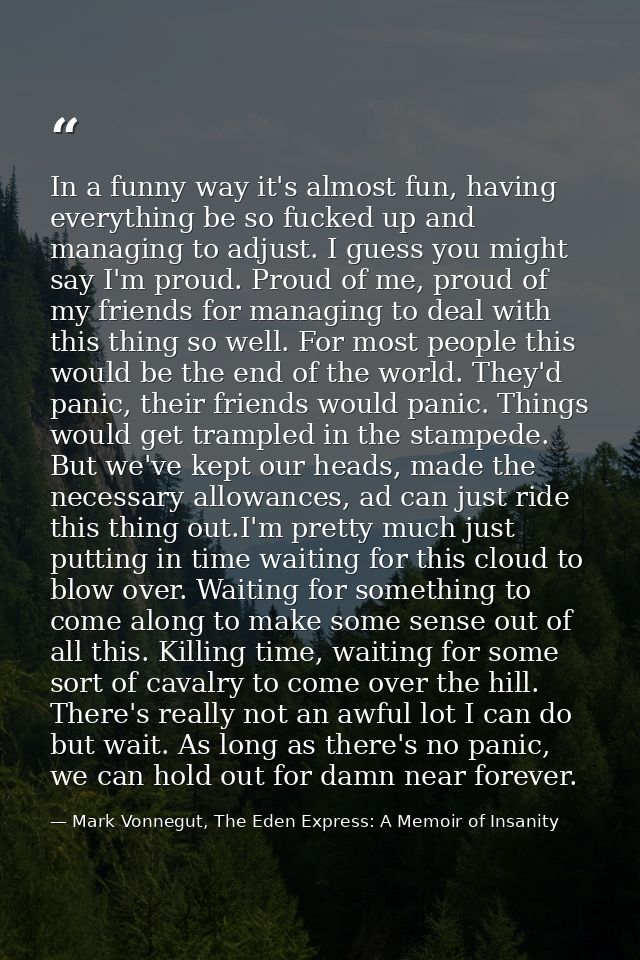 In a funny way it's almost fun, having everything be so fucked up and managing to adjust. I guess you might say I'm prou — Mark Vonnegut, The Eden Express: A Memoir of Insanity