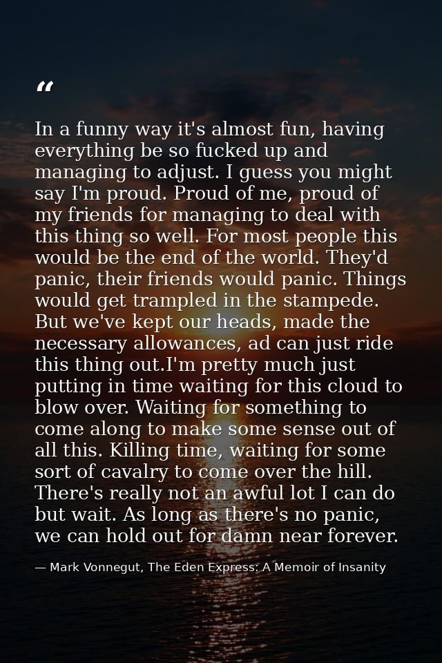 In a funny way it's almost fun, having everything be so fucked up and managing to adjust. I guess you might say I'm prou — Mark Vonnegut, The Eden Express: A Memoir of Insanity