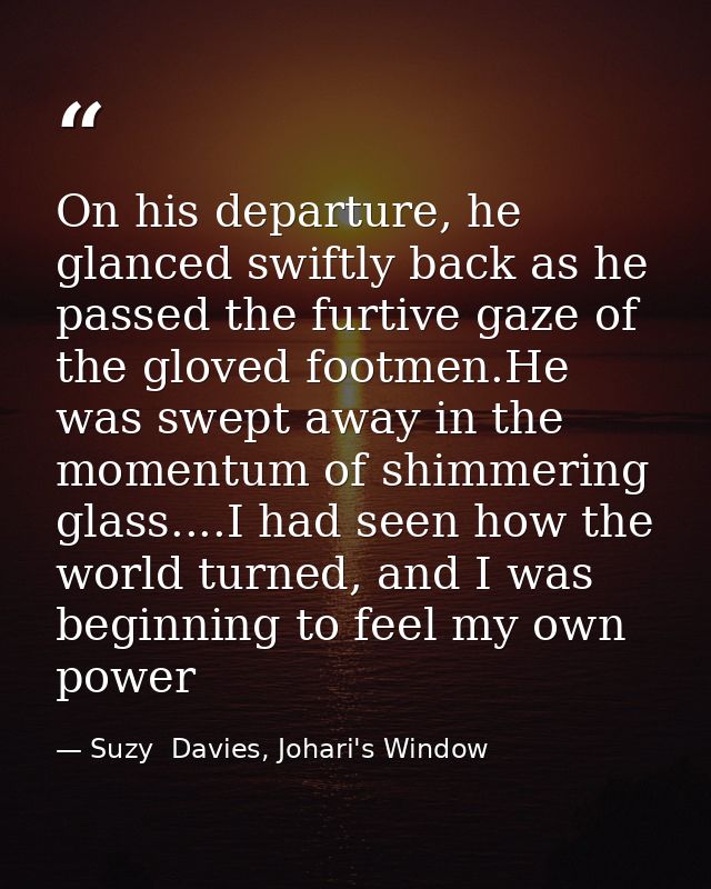 On his departure, he glanced swiftly back as he passed the furtive gaze of the gloved footmen.He was swept away in the m — Suzy  Davies, Johari's Window
