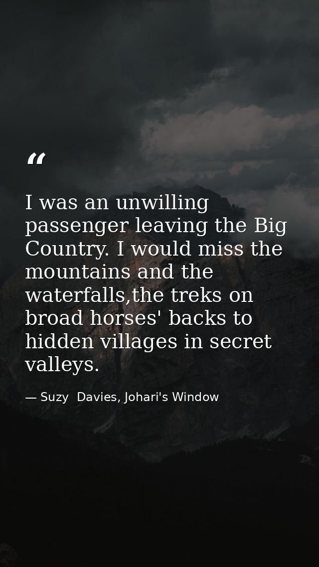 I was an unwilling passenger leaving the Big Country. I would miss the mountains and the waterfalls,the treks on broad h — Suzy  Davies, Johari's Window