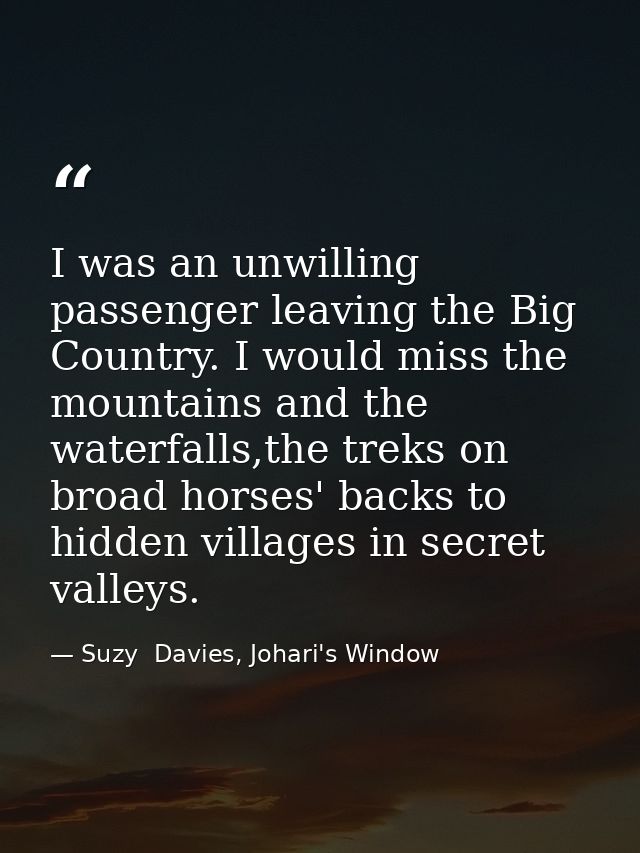 I was an unwilling passenger leaving the Big Country. I would miss the mountains and the waterfalls,the treks on broad h — Suzy  Davies, Johari's Window