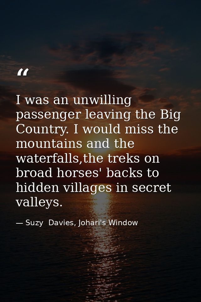 I was an unwilling passenger leaving the Big Country. I would miss the mountains and the waterfalls,the treks on broad h — Suzy  Davies, Johari's Window