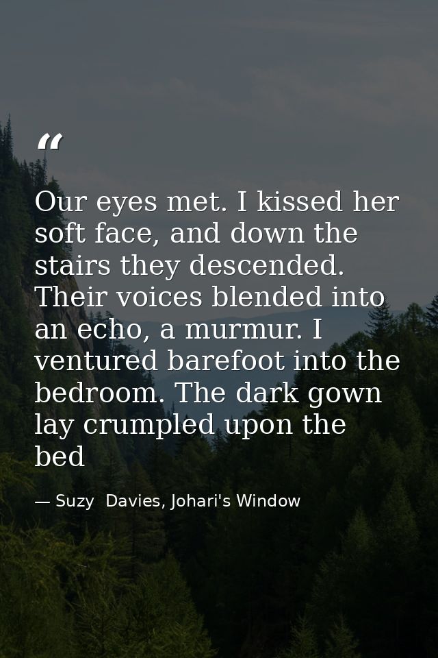 Our eyes met. I kissed her soft face, and down the stairs they descended. Their voices blended into an echo, a murmur. I — Suzy  Davies, Johari's Window