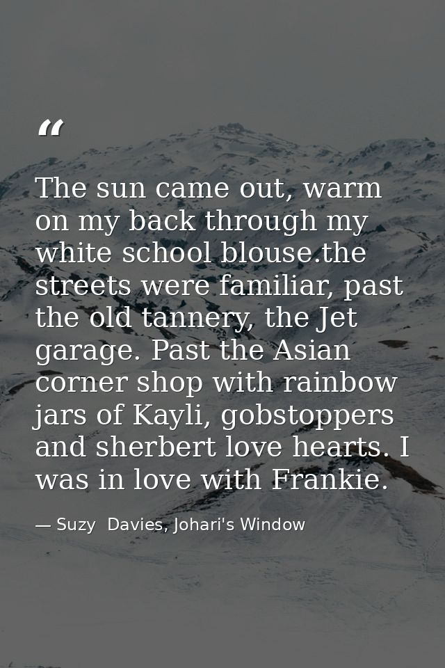 The sun came out, warm on my back through my white school blouse.the streets were familiar, past the old tannery, the Je — Suzy  Davies, Johari's Window
