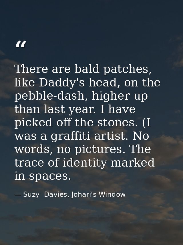 There are bald patches, like Daddy's head, on the pebble-dash, higher up than last year. I have picked off the stones. ( — Suzy  Davies, Johari's Window
