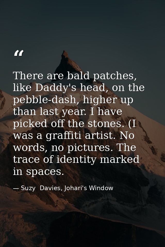 There are bald patches, like Daddy's head, on the pebble-dash, higher up than last year. I have picked off the stones. ( — Suzy  Davies, Johari's Window