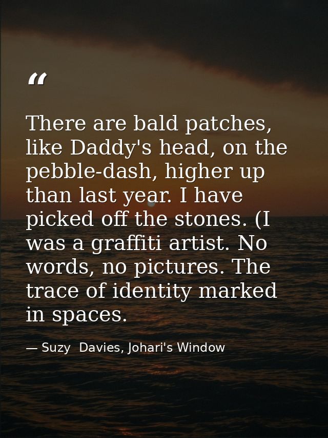 There are bald patches, like Daddy's head, on the pebble-dash, higher up than last year. I have picked off the stones. ( — Suzy  Davies, Johari's Window