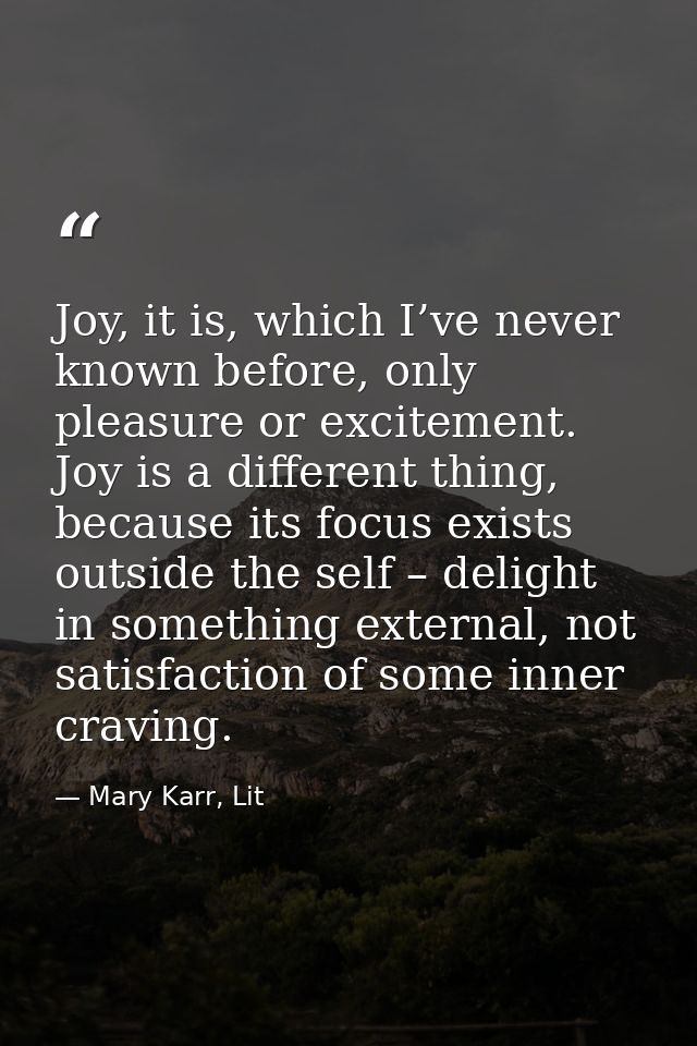 Joy, it is, which I’ve never known before, only pleasure or excitement. Joy is a different thing, because its focus exis — Mary Karr, Lit