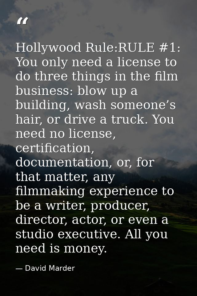 Hollywood Rule:RULE #1: You only need a license to do three things in the film business: blow up a building, wash someon — David Marder