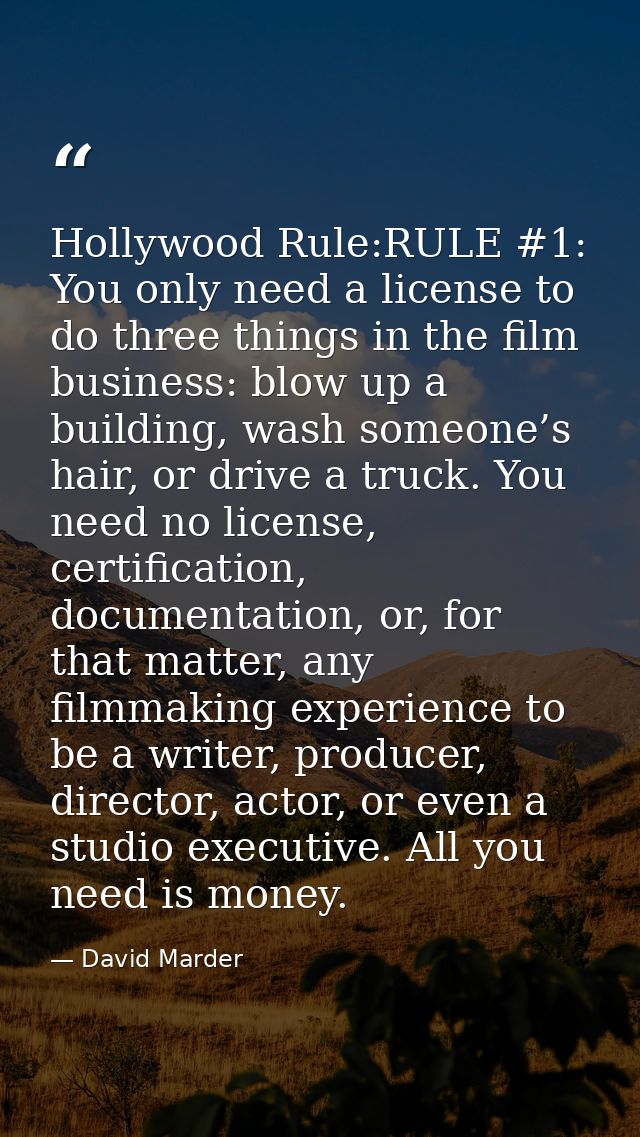 Hollywood Rule:RULE #1: You only need a license to do three things in the film business: blow up a building, wash someon — David Marder