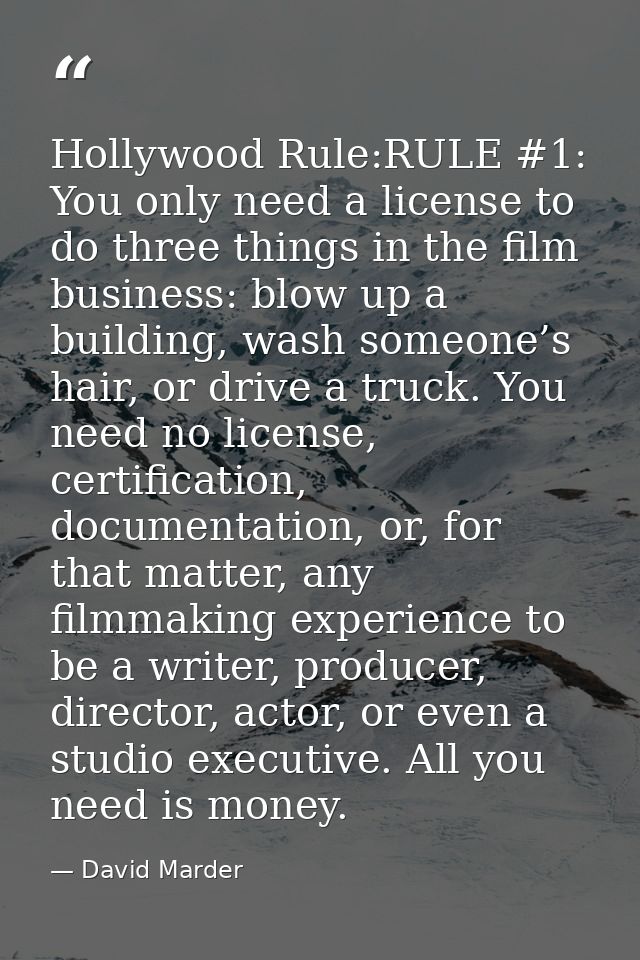 Hollywood Rule:RULE #1: You only need a license to do three things in the film business: blow up a building, wash someon — David Marder