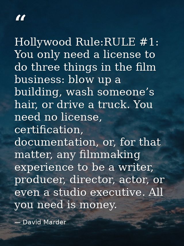 Hollywood Rule:RULE #1: You only need a license to do three things in the film business: blow up a building, wash someon — David Marder