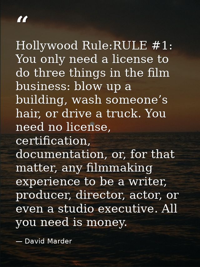 Hollywood Rule:RULE #1: You only need a license to do three things in the film business: blow up a building, wash someon — David Marder