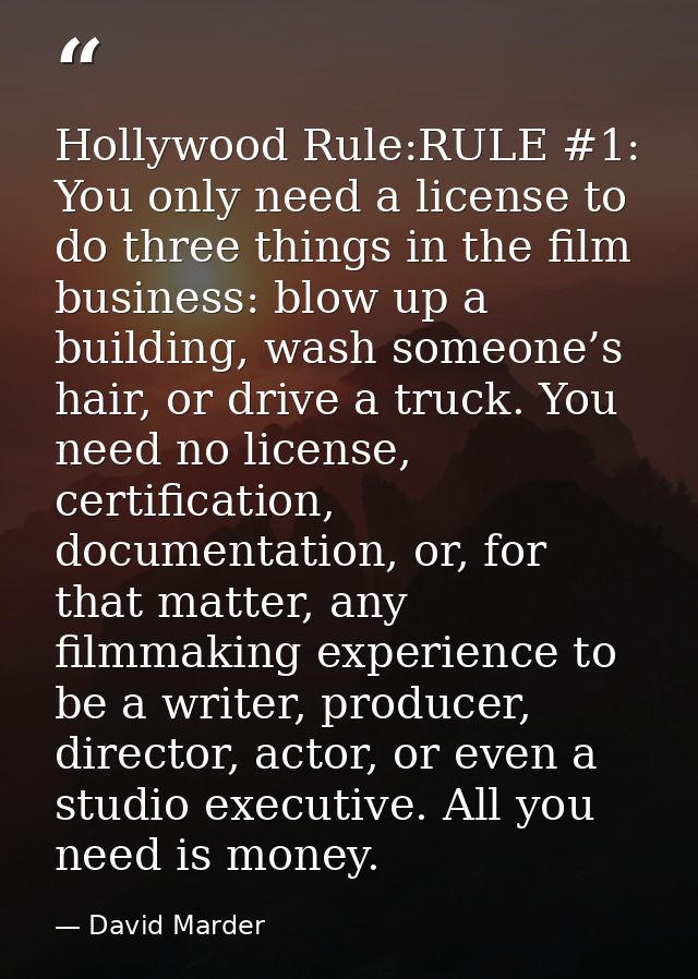 Hollywood Rule:RULE #1: You only need a license to do three things in the film business: blow up a building, wash someon — David Marder