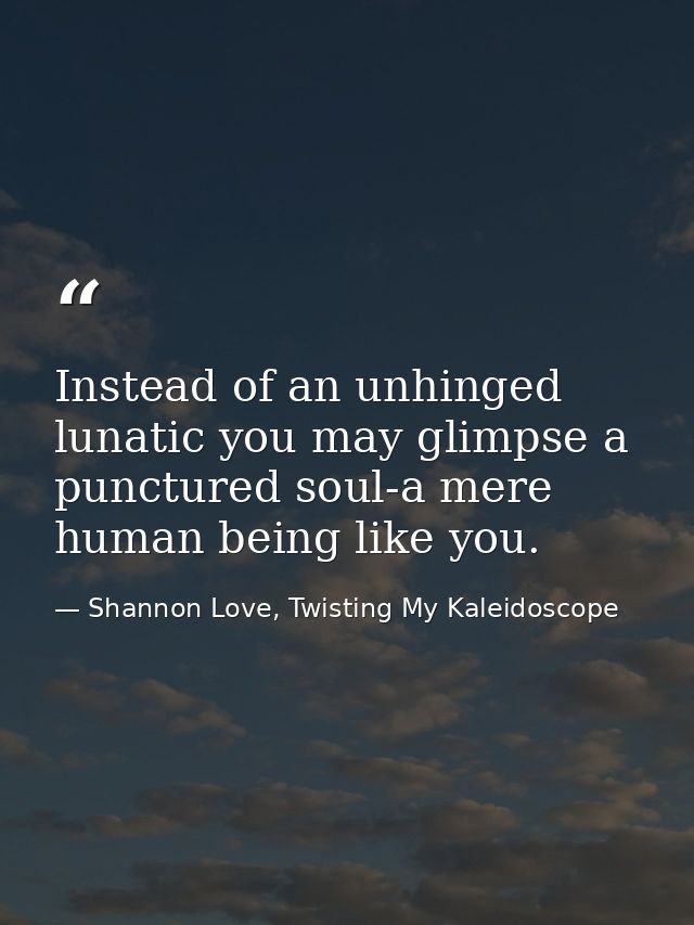 Instead of an unhinged lunatic you may glimpse a punctured soul-a mere human being like you. — Shannon Love, Twisting My Kaleidoscope