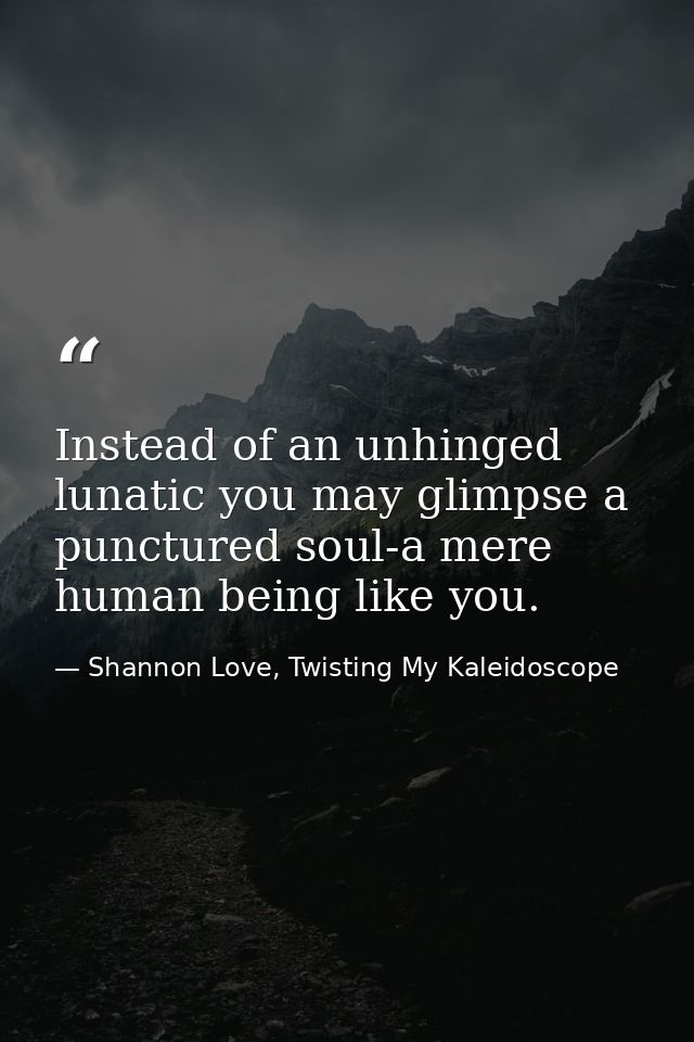 Instead of an unhinged lunatic you may glimpse a punctured soul-a mere human being like you. — Shannon Love, Twisting My Kaleidoscope
