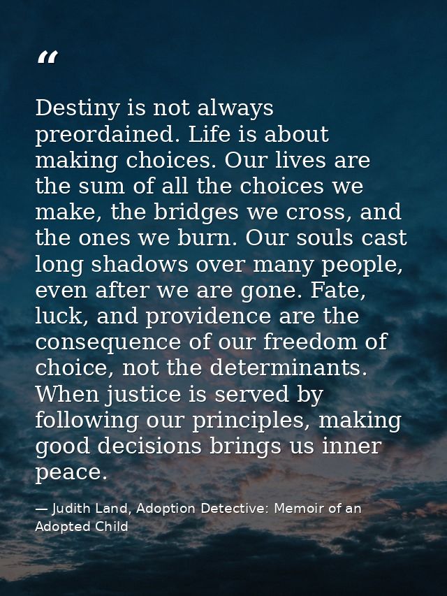 Destiny is not always preordained. Life is about making choices. Our lives are the sum of all the choices we make, the b — Judith Land, Adoption Detective: Memoir of an Adopted Child