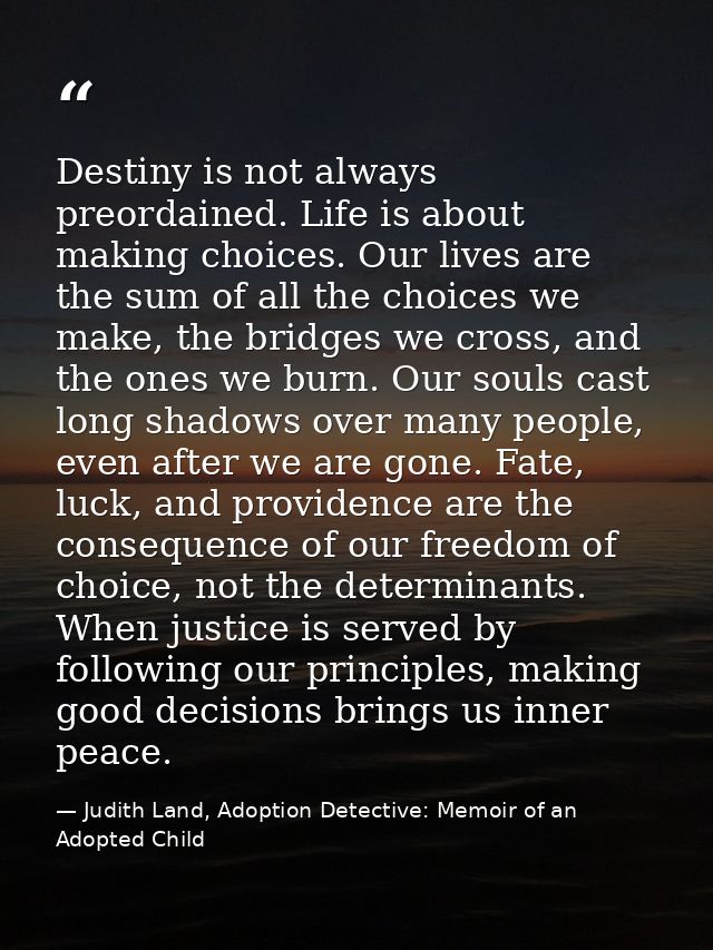 Destiny is not always preordained. Life is about making choices. Our lives are the sum of all the choices we make, the b — Judith Land, Adoption Detective: Memoir of an Adopted Child