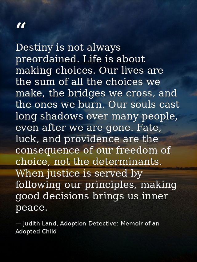 Destiny is not always preordained. Life is about making choices. Our lives are the sum of all the choices we make, the b — Judith Land, Adoption Detective: Memoir of an Adopted Child