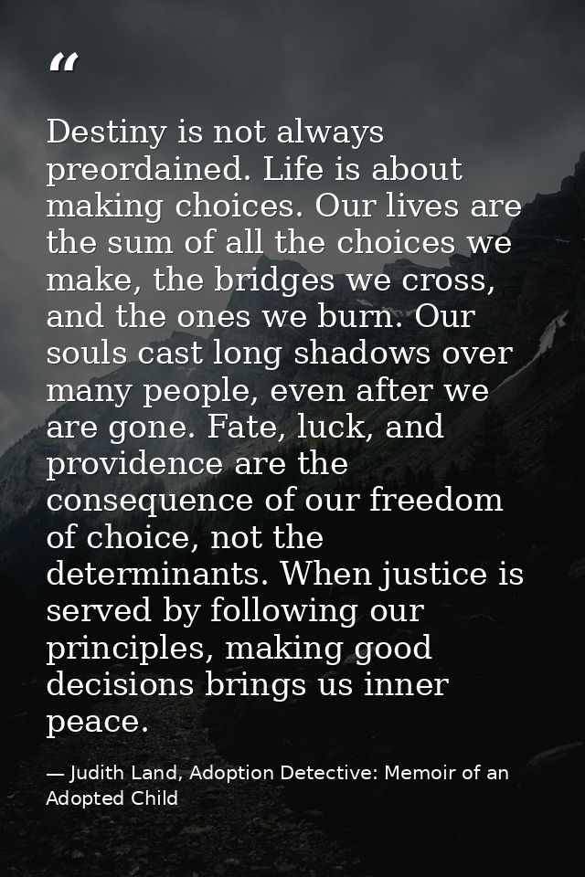 Destiny is not always preordained. Life is about making choices. Our lives are the sum of all the choices we make, the b — Judith Land, Adoption Detective: Memoir of an Adopted Child
