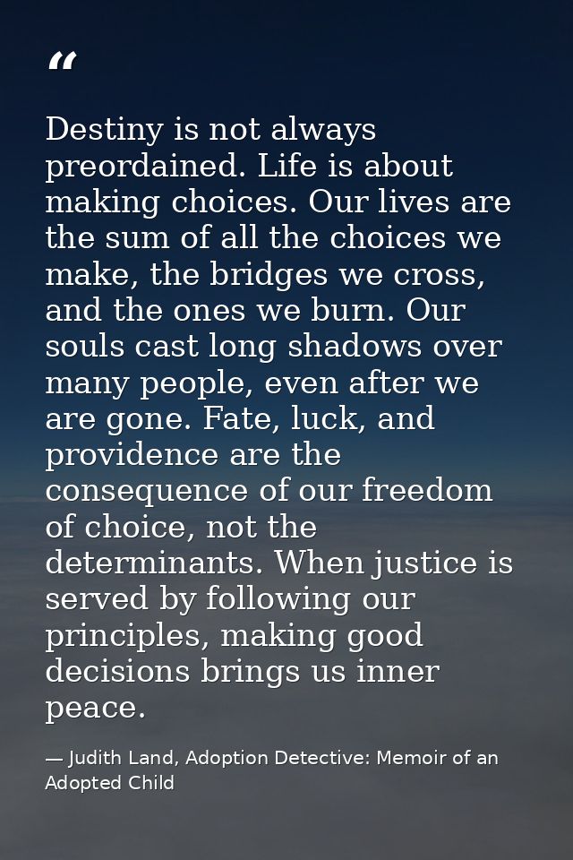 Destiny is not always preordained. Life is about making choices. Our lives are the sum of all the choices we make, the b — Judith Land, Adoption Detective: Memoir of an Adopted Child