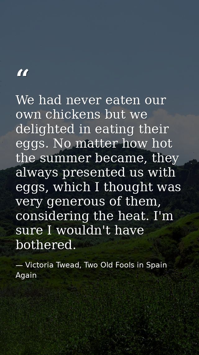 We had never eaten our own chickens but we delighted in eating their eggs. No matter how hot the summer became, they alw — Victoria Twead, Two Old Fools in Spain Again