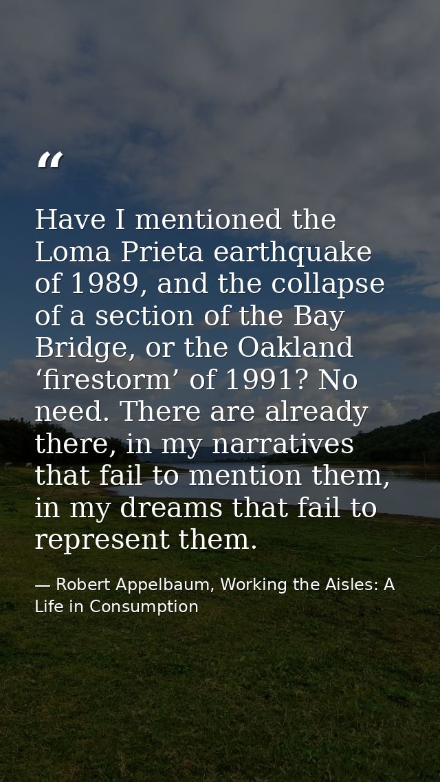 Have I mentioned the Loma Prieta earthquake of 1989, and the collapse of a section of the Bay Bridge, or the Oakland ‘fi — Robert Appelbaum, Working the Aisles: A Life in Consumption
