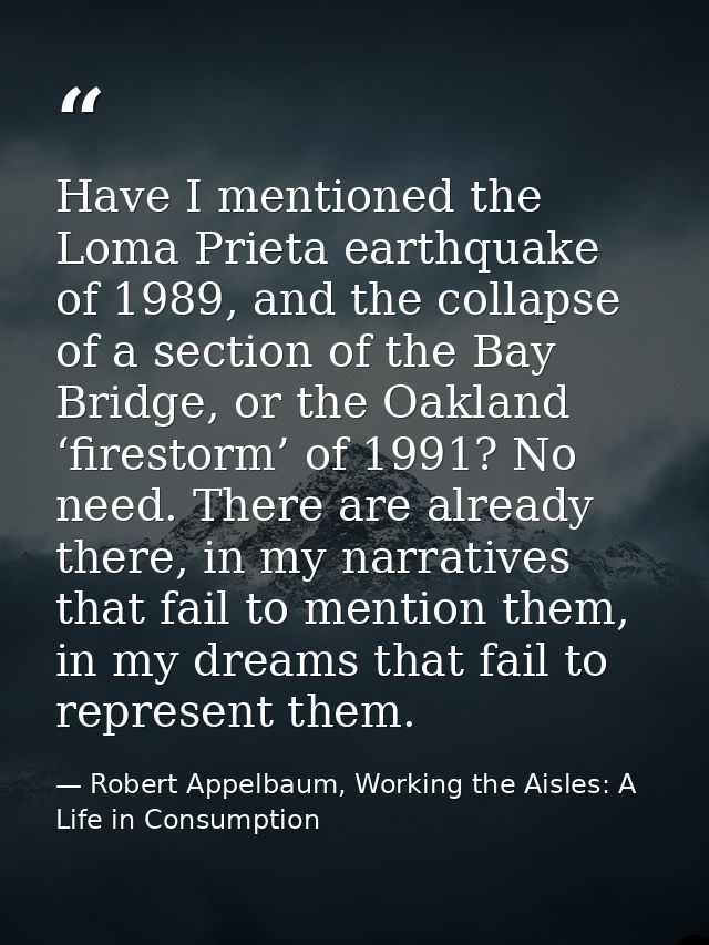 Have I mentioned the Loma Prieta earthquake of 1989, and the collapse of a section of the Bay Bridge, or the Oakland ‘fi — Robert Appelbaum, Working the Aisles: A Life in Consumption
