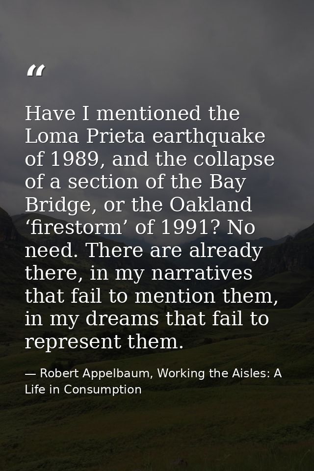 Have I mentioned the Loma Prieta earthquake of 1989, and the collapse of a section of the Bay Bridge, or the Oakland ‘fi — Robert Appelbaum, Working the Aisles: A Life in Consumption