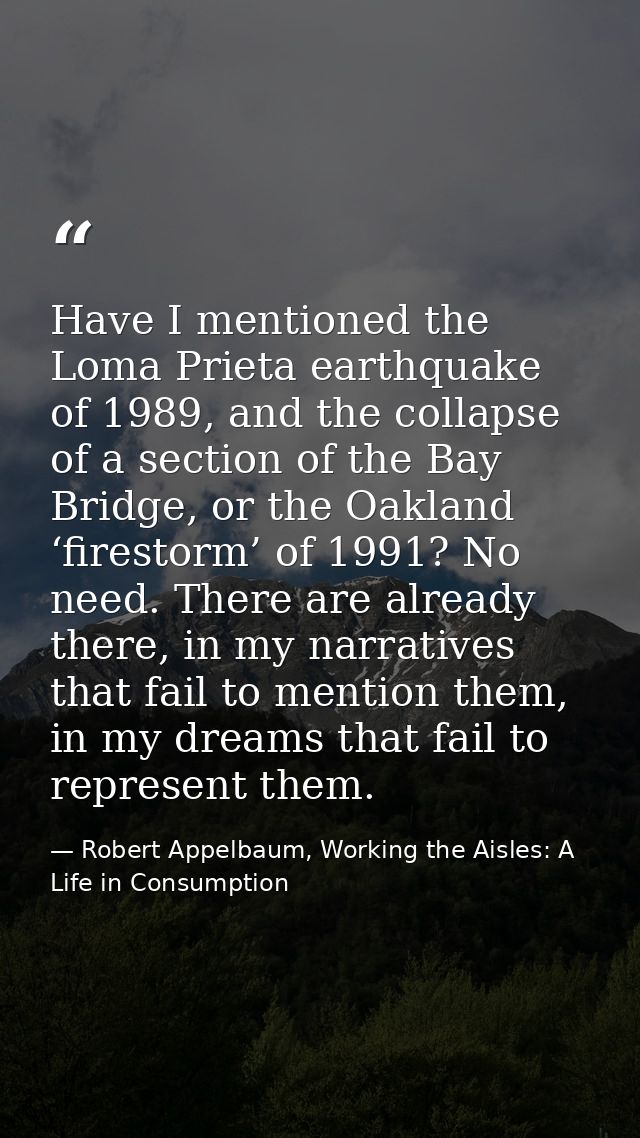 Have I mentioned the Loma Prieta earthquake of 1989, and the collapse of a section of the Bay Bridge, or the Oakland ‘fi — Robert Appelbaum, Working the Aisles: A Life in Consumption
