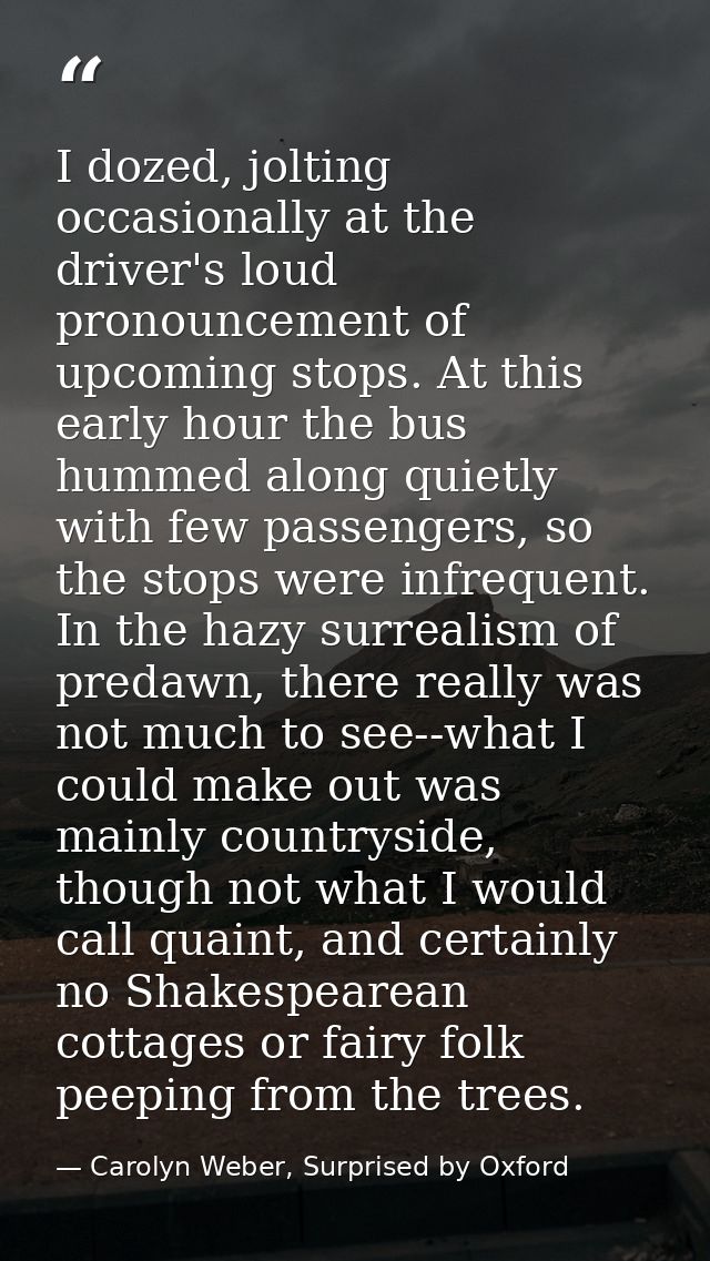 I dozed, jolting occasionally at the driver's loud pronouncement of upcoming stops. At this early hour the bus hummed al — Carolyn Weber, Surprised by Oxford