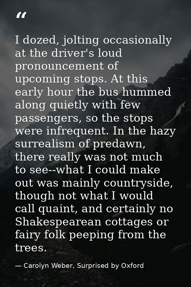 I dozed, jolting occasionally at the driver's loud pronouncement of upcoming stops. At this early hour the bus hummed al — Carolyn Weber, Surprised by Oxford