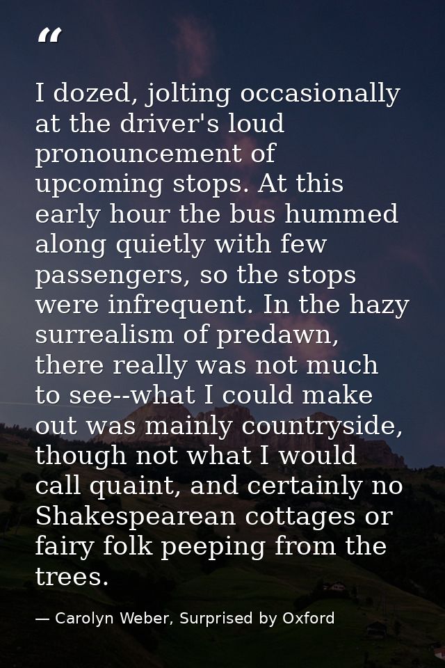 I dozed, jolting occasionally at the driver's loud pronouncement of upcoming stops. At this early hour the bus hummed al — Carolyn Weber, Surprised by Oxford