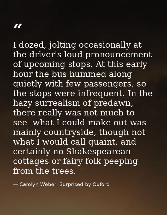 I dozed, jolting occasionally at the driver's loud pronouncement of upcoming stops. At this early hour the bus hummed al — Carolyn Weber, Surprised by Oxford