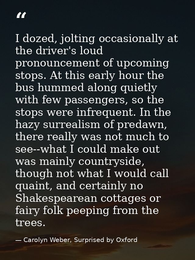 I dozed, jolting occasionally at the driver's loud pronouncement of upcoming stops. At this early hour the bus hummed al — Carolyn Weber, Surprised by Oxford