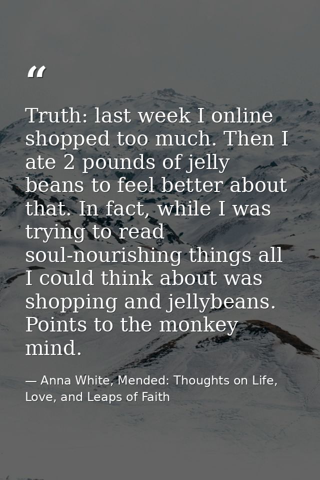 Truth: last week I online shopped too much. Then I ate 2 pounds of jelly beans to feel better about that. In fact, while — Anna White, Mended: Thoughts on Life, Love, and Leaps of Faith