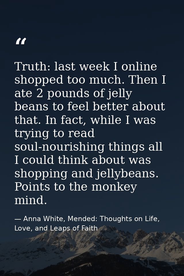 Truth: last week I online shopped too much. Then I ate 2 pounds of jelly beans to feel better about that. In fact, while — Anna White, Mended: Thoughts on Life, Love, and Leaps of Faith