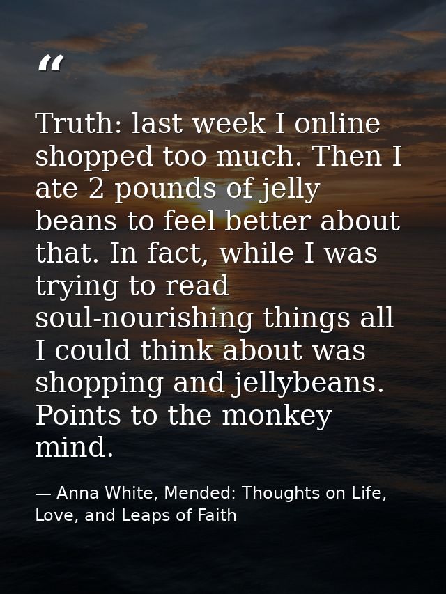 Truth: last week I online shopped too much. Then I ate 2 pounds of jelly beans to feel better about that. In fact, while — Anna White, Mended: Thoughts on Life, Love, and Leaps of Faith