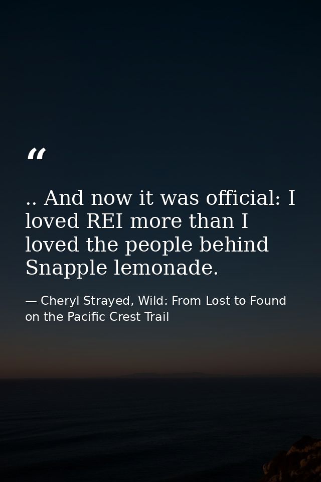 .. And now it was official: I loved REI more than I loved the people behind Snapple lemonade. — Cheryl Strayed, Wild: From Lost to Found on the Pacific Crest Trail