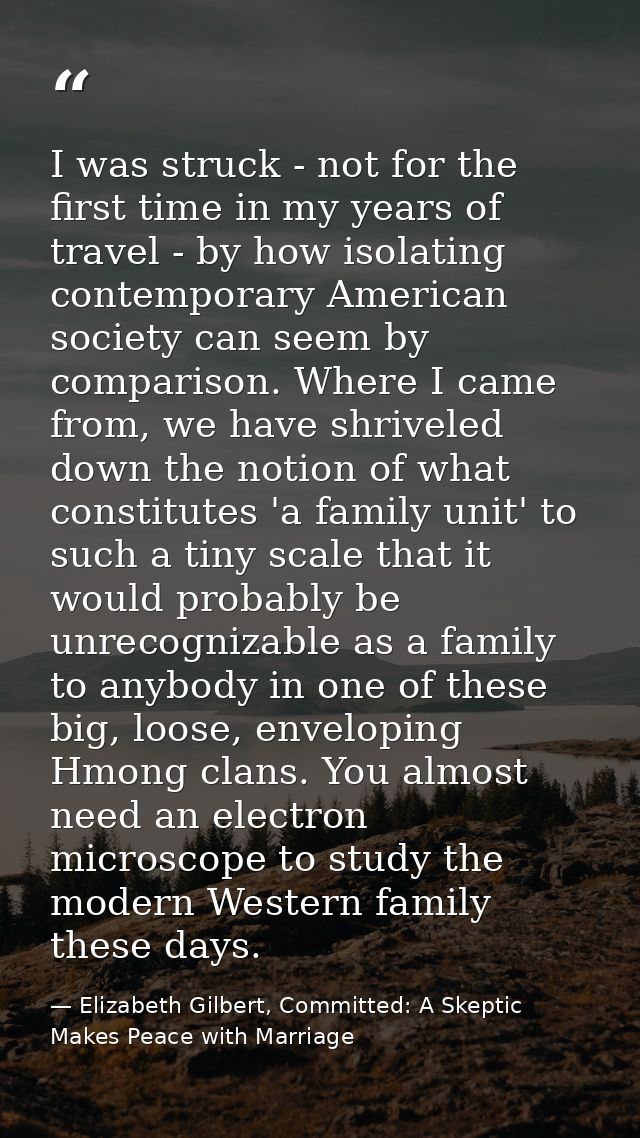 I was struck - not for the first time in my years of travel - by how isolating contemporary American society can seem by — Elizabeth Gilbert, Committed: A Skeptic Makes Peace with Marriage