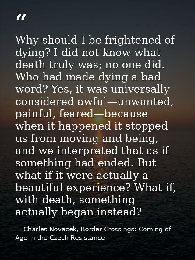 Why should I be frightened of dying? I did not know what death truly was; no one did. Who had made dying a bad word? Yes — Charles Novacek, Border Crossings: Coming of Age in the Czech Resistance