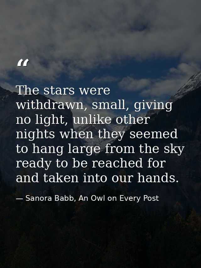 The stars were withdrawn, small, giving no light, unlike other nights when they seemed to hang large from the sky ready  — Sanora Babb, An Owl on Every Post